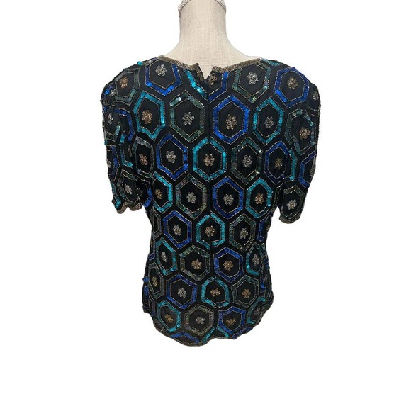 Vtg Black Blue Gold Geometric Silk Beaded Sequin Evening Blouse Top Scalloped - Picture 2 of 5